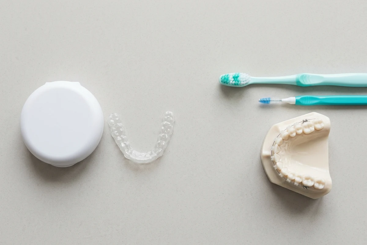 Care tools for aligners and braces arranged on a clean counter