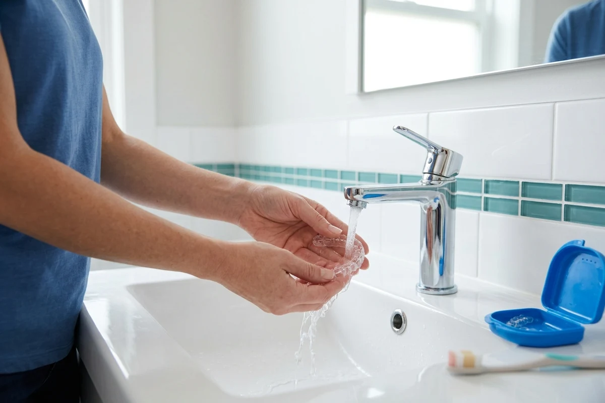 Hands gently cleaning a retainer with cool water